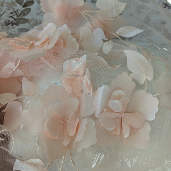 Blush Pink Floral Appliques Tulle Fabric - Picture 2 of 5